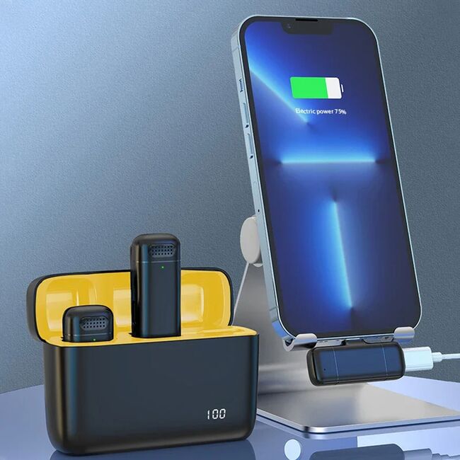 Set 2 Lavaliera wireless Receiver, conector iPhone Lightning, Noise Reduction, 70mAh + 600mAh carcasa, Plug and Play, range 20m, negru