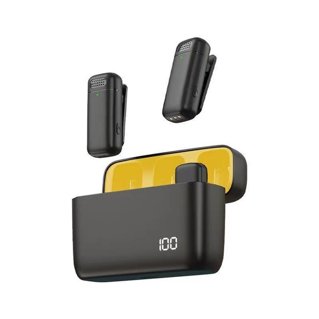 Set 2 Lavaliera wireless Receiver, conector iPhone Lightning, Noise Reduction, 70mAh + 600mAh carcasa, Plug and Play, range 20m, negru