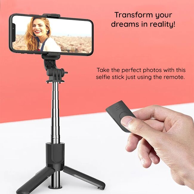 Selfie stick cu trepied ultra compact telescopic si telecomanda wireless bluetooth, unghi de inclinare reglabil, rotire la 360° lungime reglabila pana la 73 cm, negru
