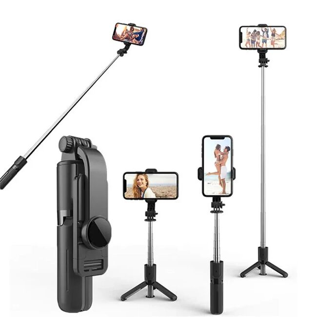 Selfie stick cu trepied ultra compact telescopic si telecomanda wireless bluetooth, unghi de inclinare reglabil, rotire la 360° lungime reglabila pana la 73 cm, negru