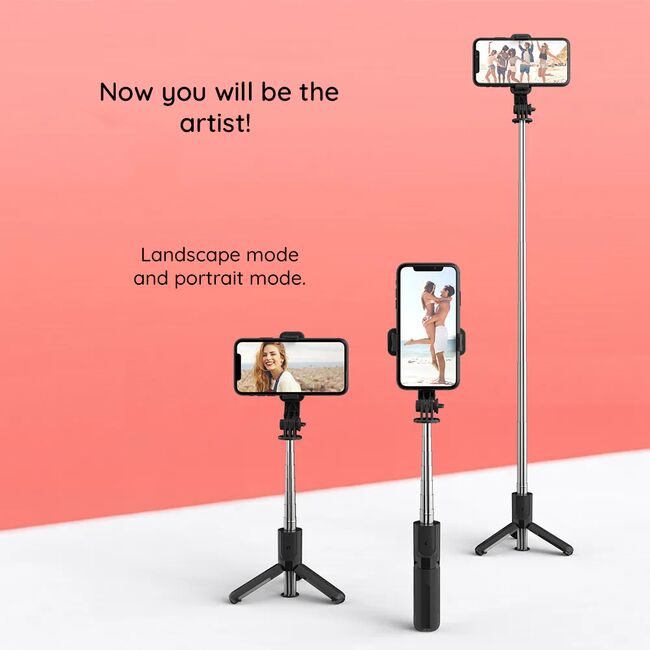 Selfie stick cu trepied ultra compact telescopic si telecomanda wireless bluetooth, unghi de inclinare reglabil, rotire la 360° lungime reglabila pana la 73 cm, negru