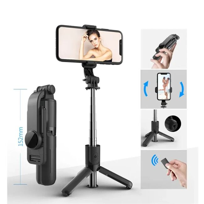 Selfie stick cu trepied ultra compact telescopic si telecomanda wireless bluetooth, unghi de inclinare reglabil, rotire la 360° lungime reglabila pana la 73 cm, negru