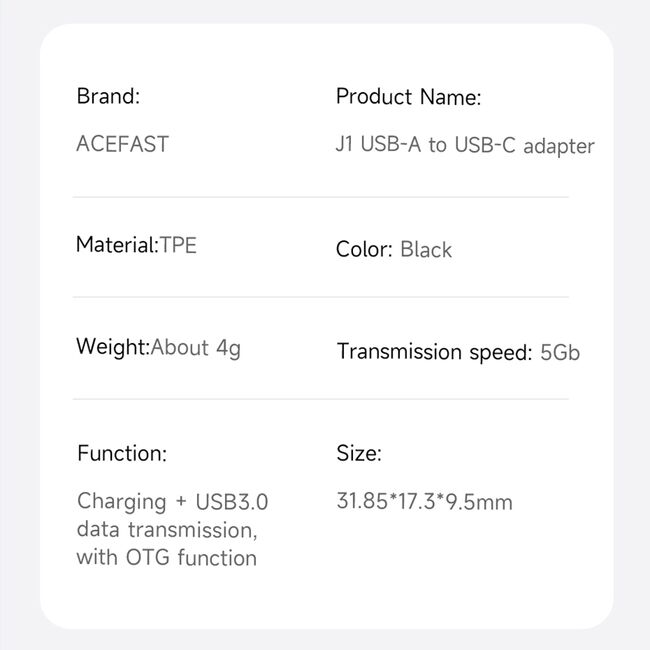 Adaptor USB 3.0 Type-C, 5Gbps, Fast Charging, Acefast J1