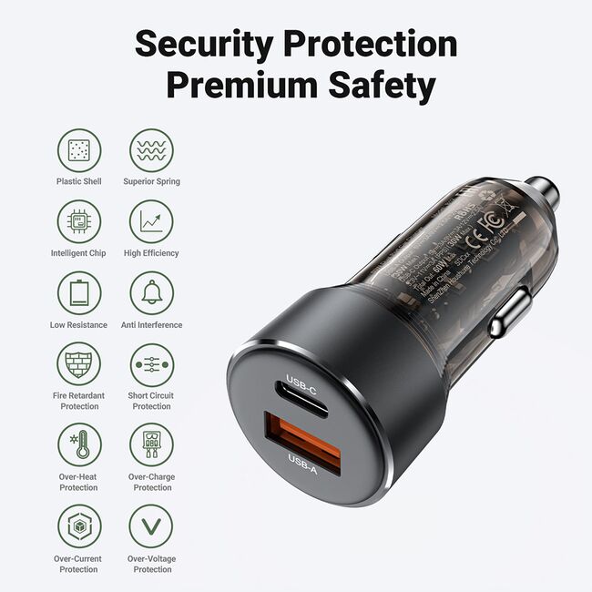Incaractor auto bricheta Type-C PD30W + USB QC30W, Acefast B12