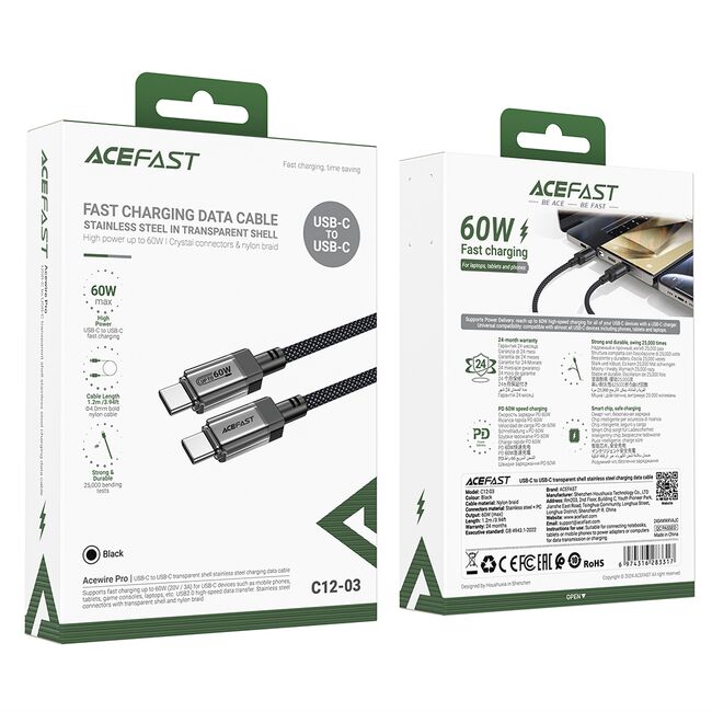 Cablu de date Type-C la Type-C, 60W, Acefast C12-03, 1.2m