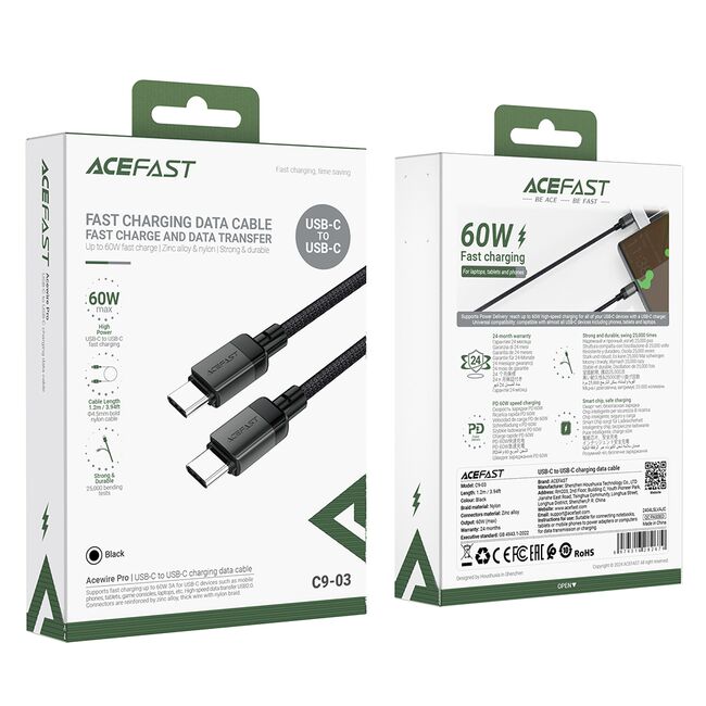 Cablu de date tip C, 60W, Acefast C9-03, 1.2m, negru