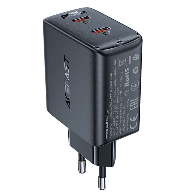 Incarcator priza GaN 2x Type-C, Acefast A49, PD35W, negru