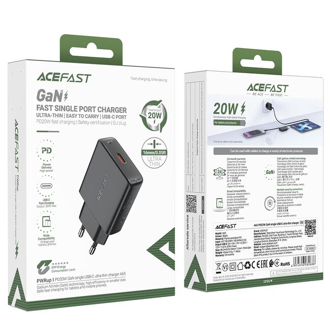 Acumulator GaN Type-C, Acefast A65, 20W Power Delivery, negru
