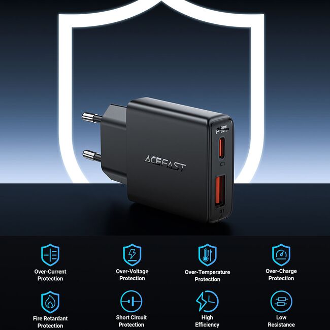 Acumulator priza tip C, USB PD30W, Acefast A69, GaN, negru