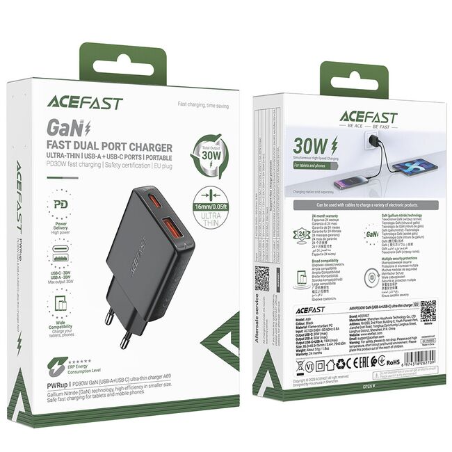 Acumulator priza tip C, USB PD30W, Acefast A69, GaN, negru