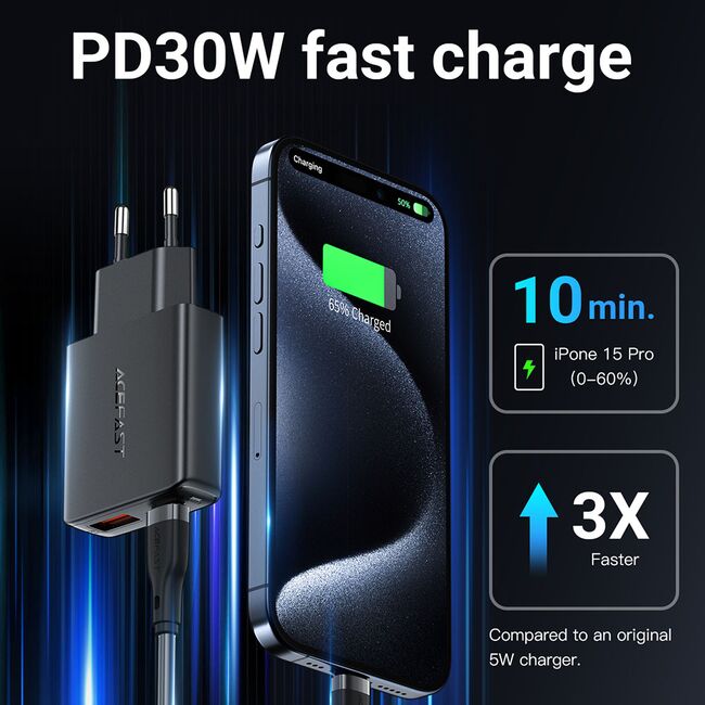 Acumulator priza tip C, USB PD30W, Acefast A69, GaN, negru