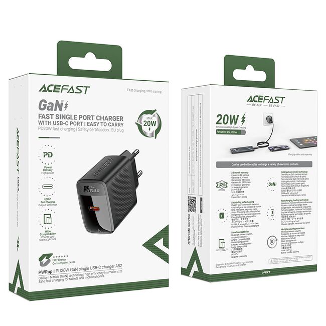 Incarcator GaN Type-C, 20W Power Delivery, Acefast A82, negru