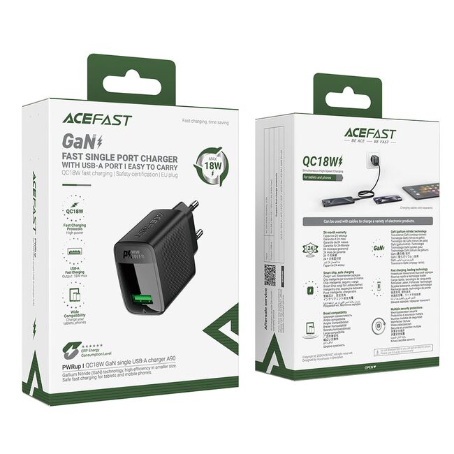 Incarcator tip USB 18W Quick Charge GaN, Acefast A90, negru