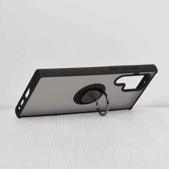 Husa de protectie pentru  Samsung Galaxy S22 Ultra 5G premium cu inel stand rotativ, suport magnetic si bumper anti-alunecare - negru