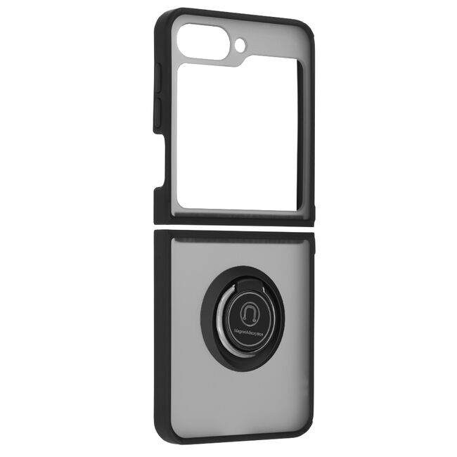 Husa de protectie pentru  Samsung Galaxy Z Flip 6 premium cu inel stand rotativ, suport magnetic si bumper anti-alunecare - negru