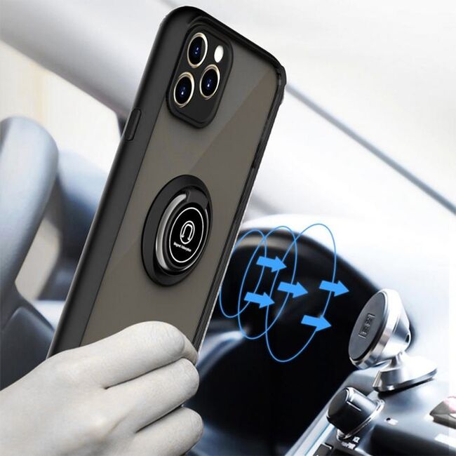 Husa de protectie pentru  iPhone 16 premium cu inel stand rotativ, suport magnetic si bumper anti-alunecare - negru