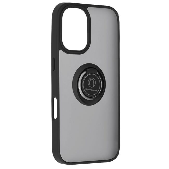 Husa de protectie pentru  iPhone 16 premium cu inel stand rotativ, suport magnetic si bumper anti-alunecare - negru
