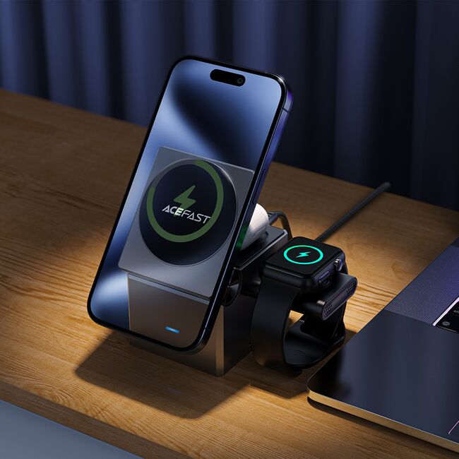 Statie incarcare 3in1 telefon wireless Acefast E18, 15W, gri