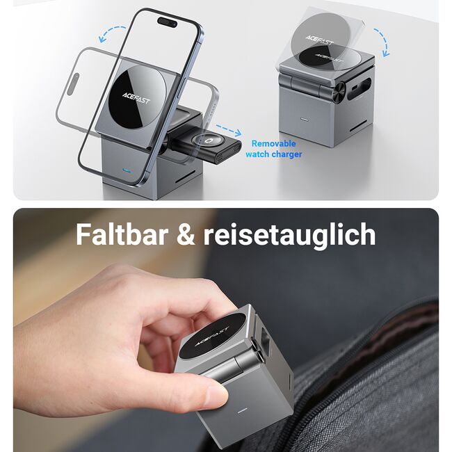 Statie incarcare 3in1 telefon wireless Acefast E18, 15W, gri