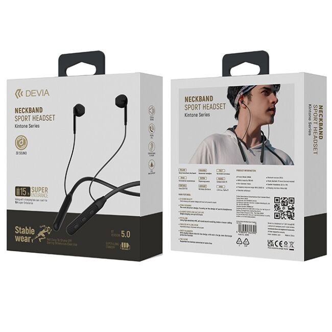 Căști Bluetooth Wireless In-Ear cu Microfon și Control Volum Devia Kintone Neck, negru