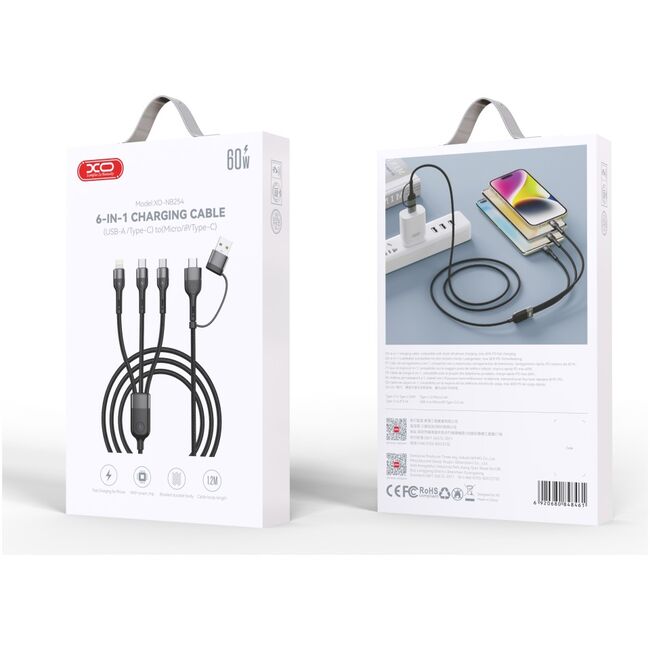 Cablu de Încărcare XO NB254 6-în-1 - USB-C, Lightning, MicroUSB, USB-A - 1,2m, 60W - Negru