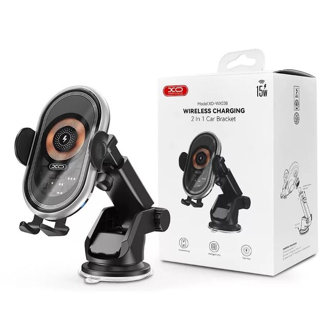 Suport Auto XO WX038 cu Încărcare Wireless - Suport pentru Bord sau Grilă, Încărcător Rapid 15, negru