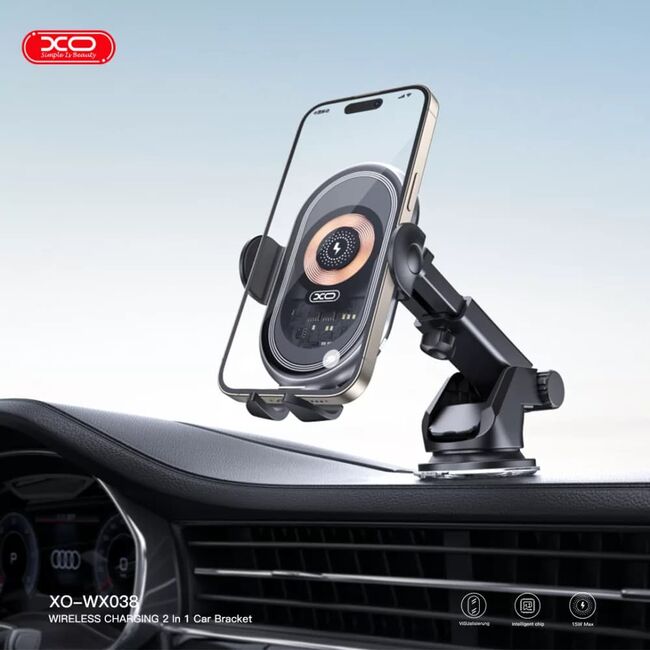 Suport Auto XO WX038 cu Încărcare Wireless - Suport pentru Bord sau Grilă, Încărcător Rapid 15, negru