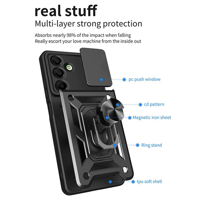 Husa pentru  Samsung Galaxy A16 Ring Armor Kickstand Tough Rugged Cover cu protectie camera, negru