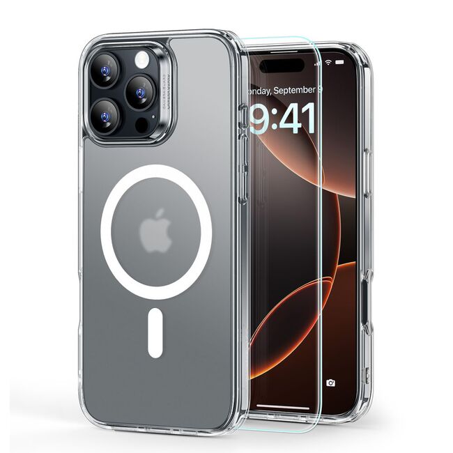 Pachet 360: Folie din sticla + Husa pentru  iPhone 16 Pro Max - ESR Classic Hybrid HaloLock cu Magsafe - transparent