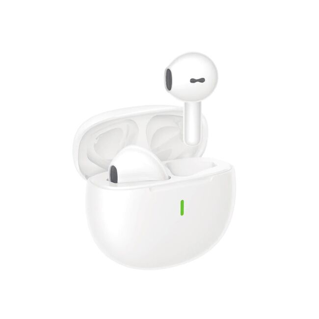 Căști Bluetooth wireless TWS stereo albe XO X26, cu husă de silicon neagră si cutie de incarcare