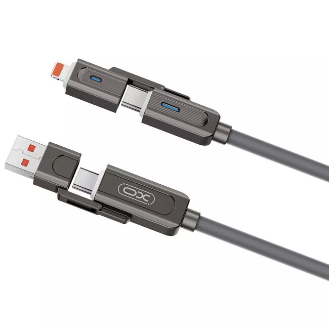 Cablu Multifuncțional XO NB275 4 în 1 USB-C + Lightning/USB + USB-C, 60W, 1m, Zinc Alloy, negru