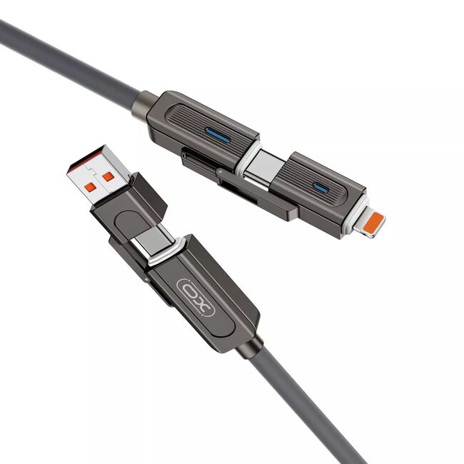 Cablu Multifuncțional XO NB275 4 în 1 USB-C + Lightning/USB + USB-C, 60W, 1m, Zinc Alloy, negru