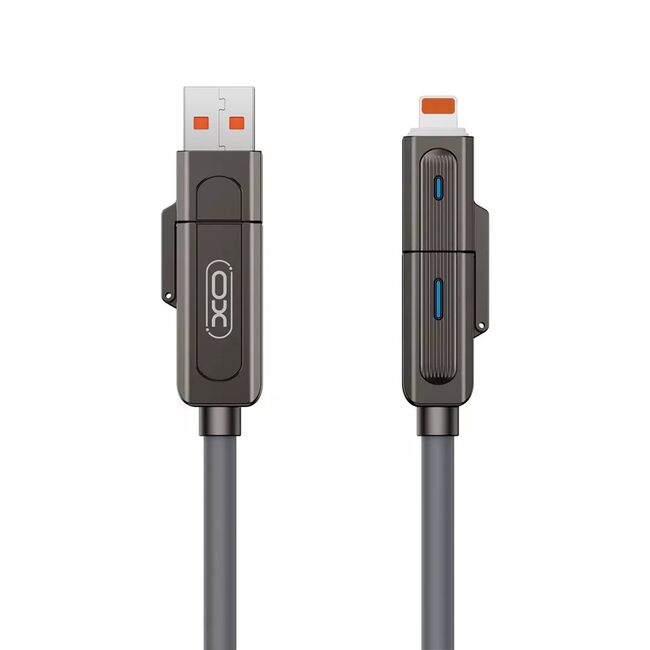 Cablu Multifuncțional XO NB275 4 în 1 USB-C + Lightning/USB + USB-C, 60W, 1m, Zinc Alloy, negru
