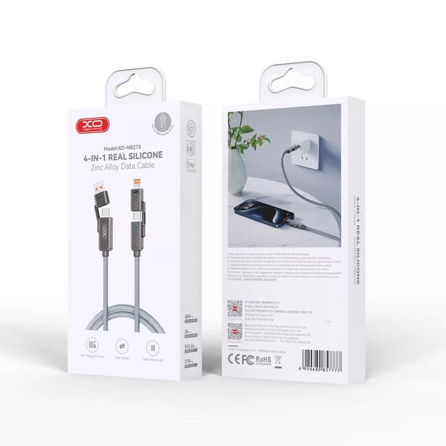 Cablu Multifuncțional XO NB275 4 în 1 USB-C + Lightning/USB + USB-C, 60W, 1m, Zinc Alloy, negru