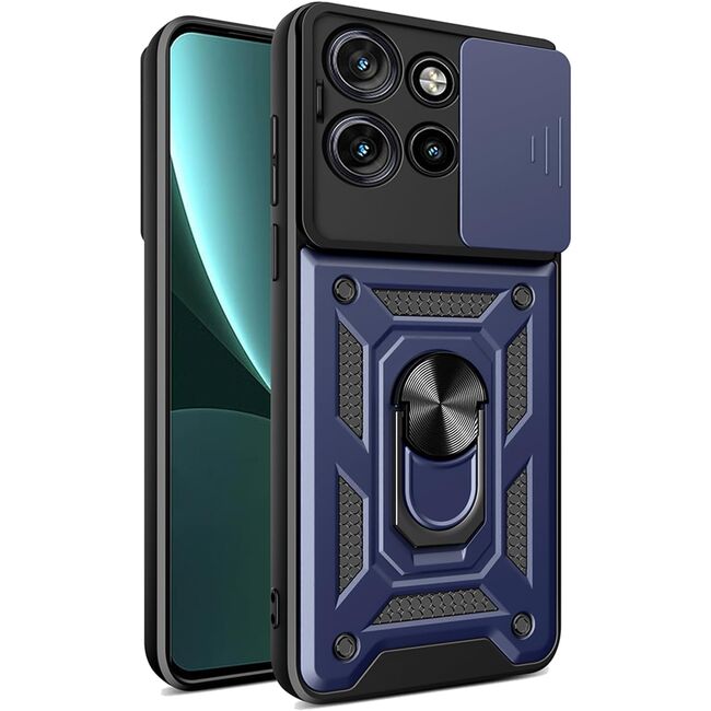 Husa pentru  Motorola Edge 50 Neo Ring Armor Kickstand Tough Rugged Cover cu protectie camera, albastru