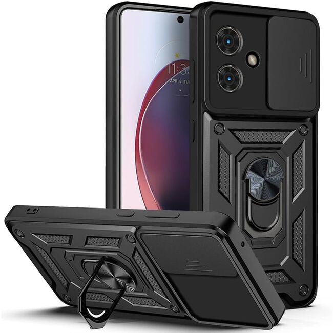 Husa pentru  Motorola Moto G55 Ring Armor Kickstand Tough Rugged Cover cu protectie camera, negru