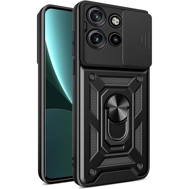 Husa pentru  Motorola Edge 50 Neo Ring Armor Kickstand Tough Rugged Cover cu protectie camera, negru