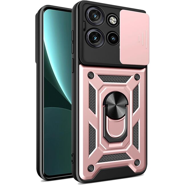 Husa pentru  Motorola Edge 50 Neo Ring Armor Kickstand Tough Rugged Cover cu protectie camera, roz