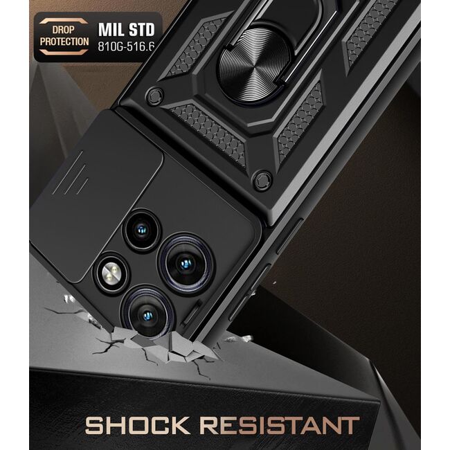 Husa pentru  Motorola Edge 50 Neo Ring Armor Kickstand Tough Rugged Cover cu protectie camera, negru