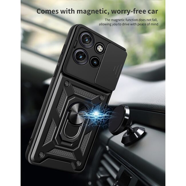 Husa pentru  Motorola Edge 50 Neo Ring Armor Kickstand Tough Rugged Cover cu protectie camera, negru