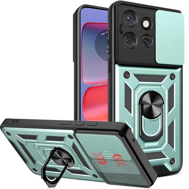 Husa pentru  Motorola Edge 50 Neo Ring Armor Kickstand Tough Rugged Cover cu protectie camera, verde