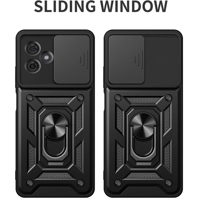 Husa pentru  Motorola Moto G55 Ring Armor Kickstand Tough Rugged Cover cu protectie camera, negru