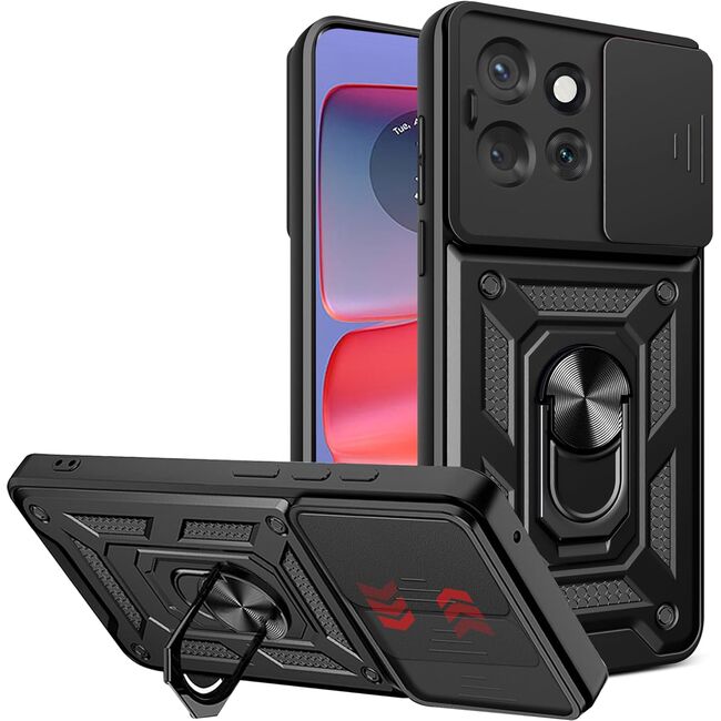 Husa pentru  Motorola Edge 50 Neo Ring Armor Kickstand Tough Rugged Cover cu protectie camera, negru