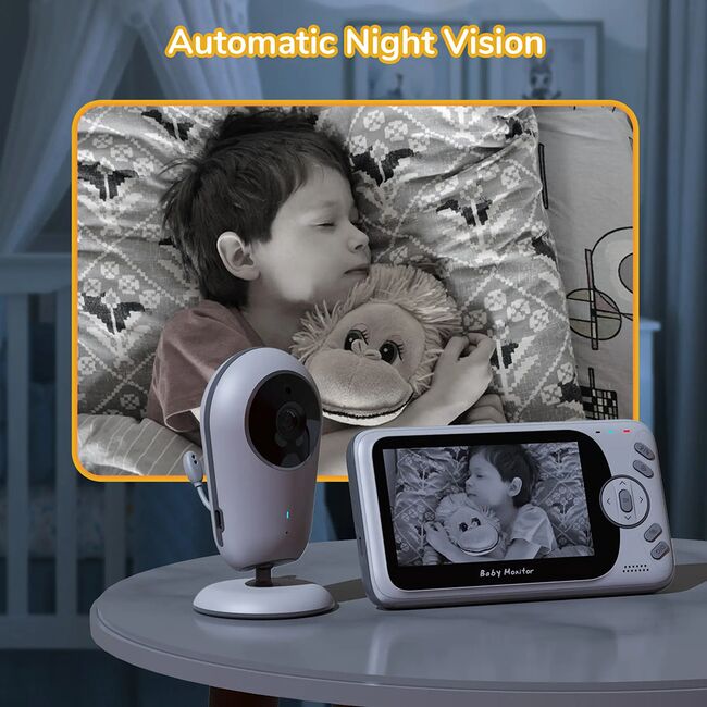 Video Baby Monitor cu Cameră și Audio - Monitor Digital Wireless 2.4Ghz, Ecran IPS 4.3 inch, Baterie 1760mAh, Monitorizare Temperatură, VOX, Funcție Talk Back, Viziune Nocturnă, Lullabies, alb