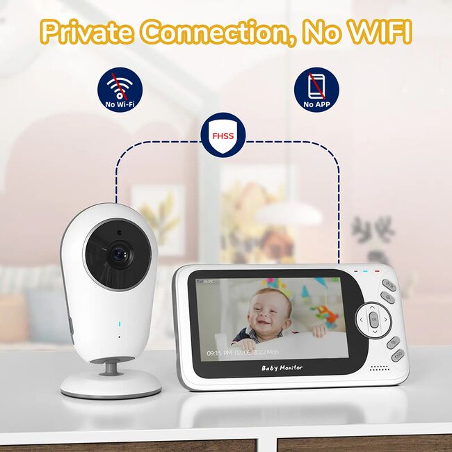 Video Baby Monitor cu Cameră și Audio - Monitor Digital Wireless 2.4Ghz, Ecran IPS 4.3 inch, Baterie 1760mAh, Monitorizare Temperatură, VOX, Funcție Talk Back, Viziune Nocturnă, Lullabies, alb