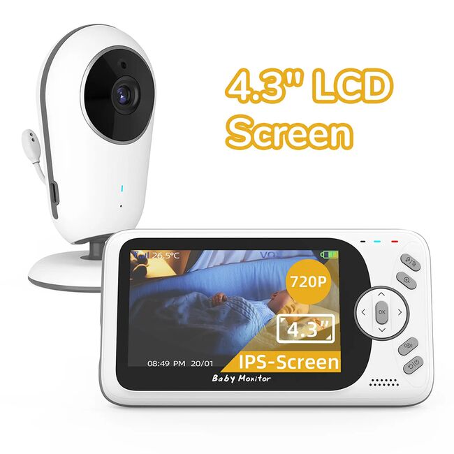 Video Baby Monitor cu Cameră și Audio - Monitor Digital Wireless 2.4Ghz, Ecran IPS 4.3 inch, Baterie 1760mAh, Monitorizare Temperatură, VOX, Funcție Talk Back, Viziune Nocturnă, Lullabies, alb