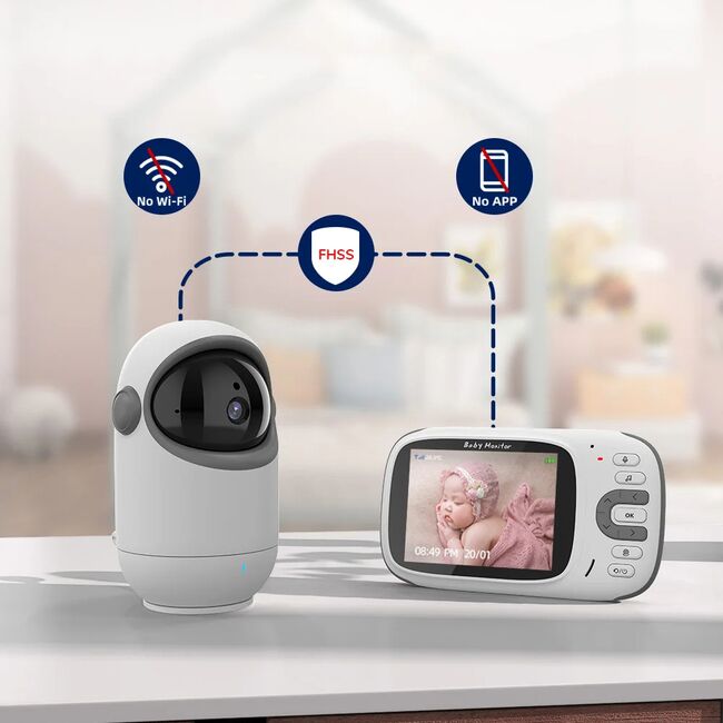 Video Baby Monitor cu Cameră și Audio - Monitor Digital Wireless 2.4Ghz, PTZ, Ecran 3.2 inch, Monitorizare Temperatură, VOX, Funcție Talk Back, Viziune Nocturnă, cantece de leagan, alb