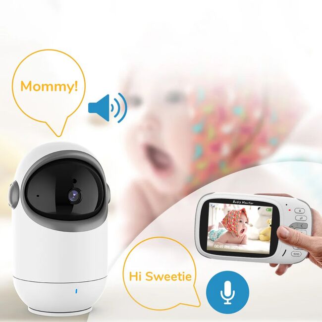 Video Baby Monitor cu Cameră și Audio - Monitor Digital Wireless 2.4Ghz, PTZ, Ecran 3.2 inch, Monitorizare Temperatură, VOX, Funcție Talk Back, Viziune Nocturnă, cantece de leagan, alb