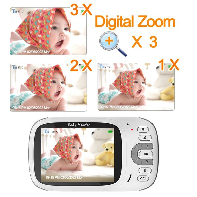 Video Baby Monitor cu Cameră și Audio - Monitor Digital Wireless 2.4Ghz, PTZ, Ecran 3.2 inch, Monitorizare Temperatură, VOX, Funcție Talk Back, Viziune Nocturnă, cantece de leagan, alb