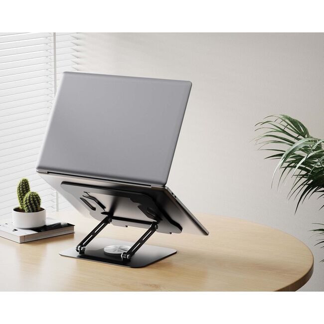 Suport Ergonomic pentru Tablete / Laptop cu Unghi de Înclinare Reglabil și Bază Rotativă 360°, Pliabil și Portabil, din aluminiu - Negru